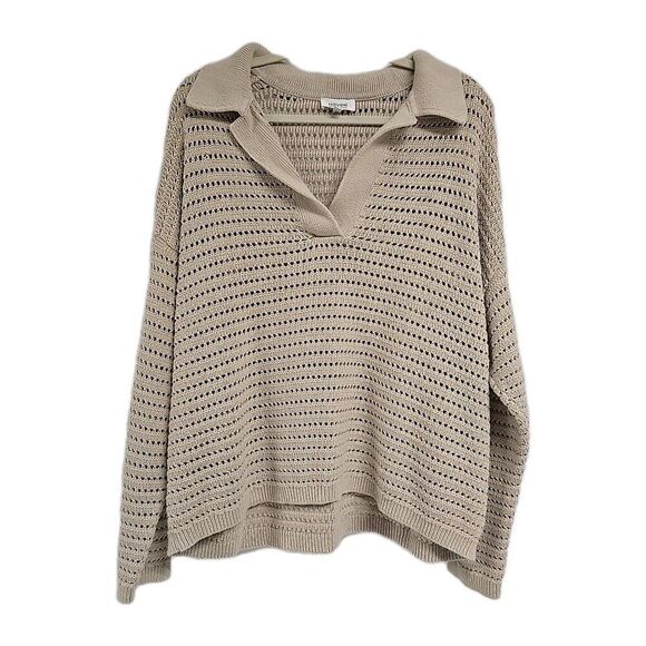 Haven Well Within V-Neck Eyelet Knit Sweater Beige Tan 100% Cotton Women’s Sz XL - Picture 1 of 10
